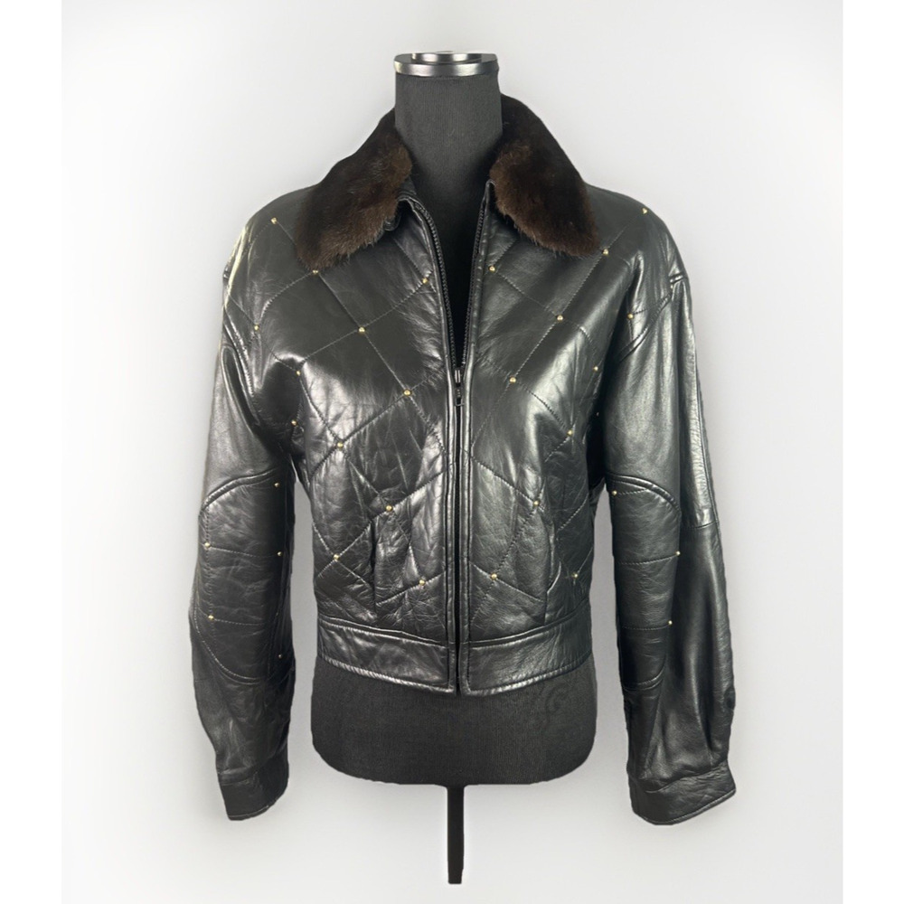 Cache Leather Bomber Jacket Size S Black Removable Fur Collar Quilted Studs VTG